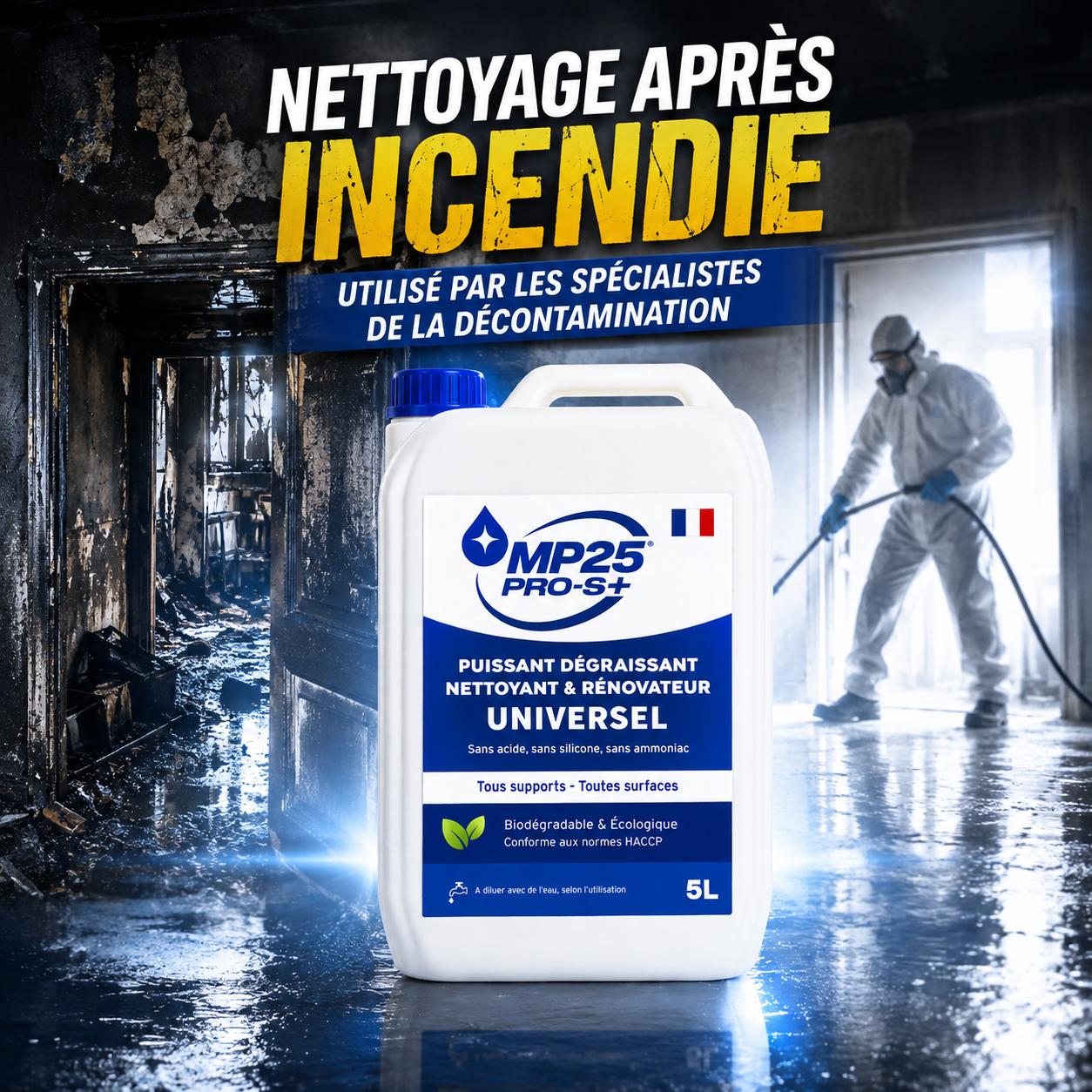 MP25 PRO-S+ utilisé pour le nettoyage après incendie par des spécialistes de la décontamination